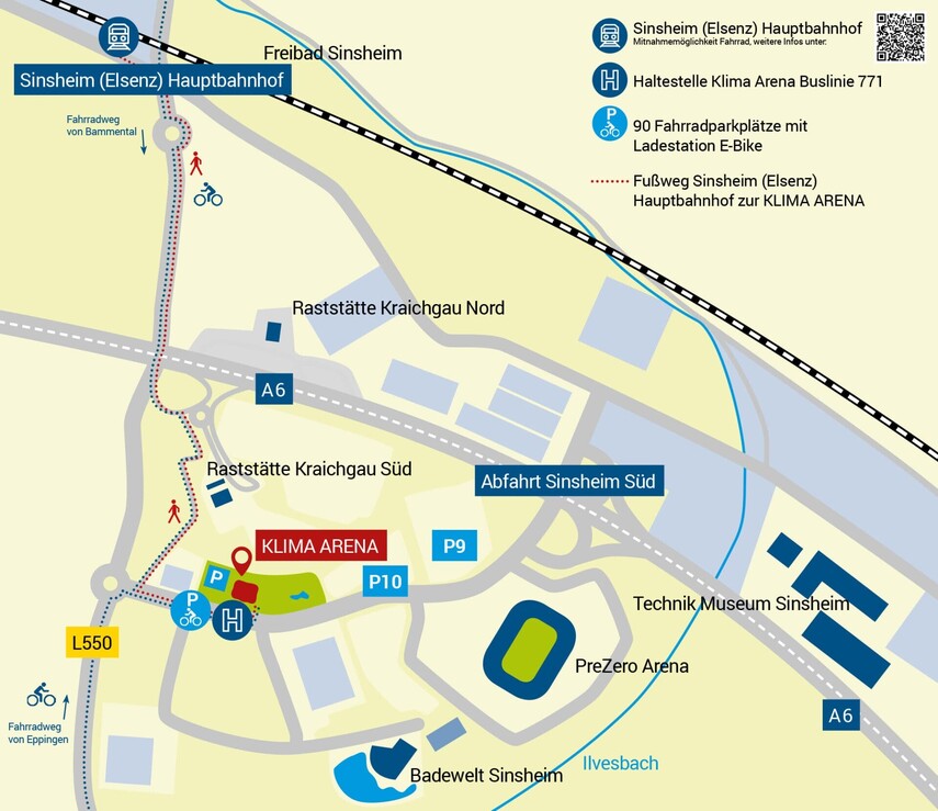 Lageplan KLIMA ARENA  mit Einzeichnung Haufptbahnhof Sinsheim, Bushaltestellen und Fu&szlig;wegen.